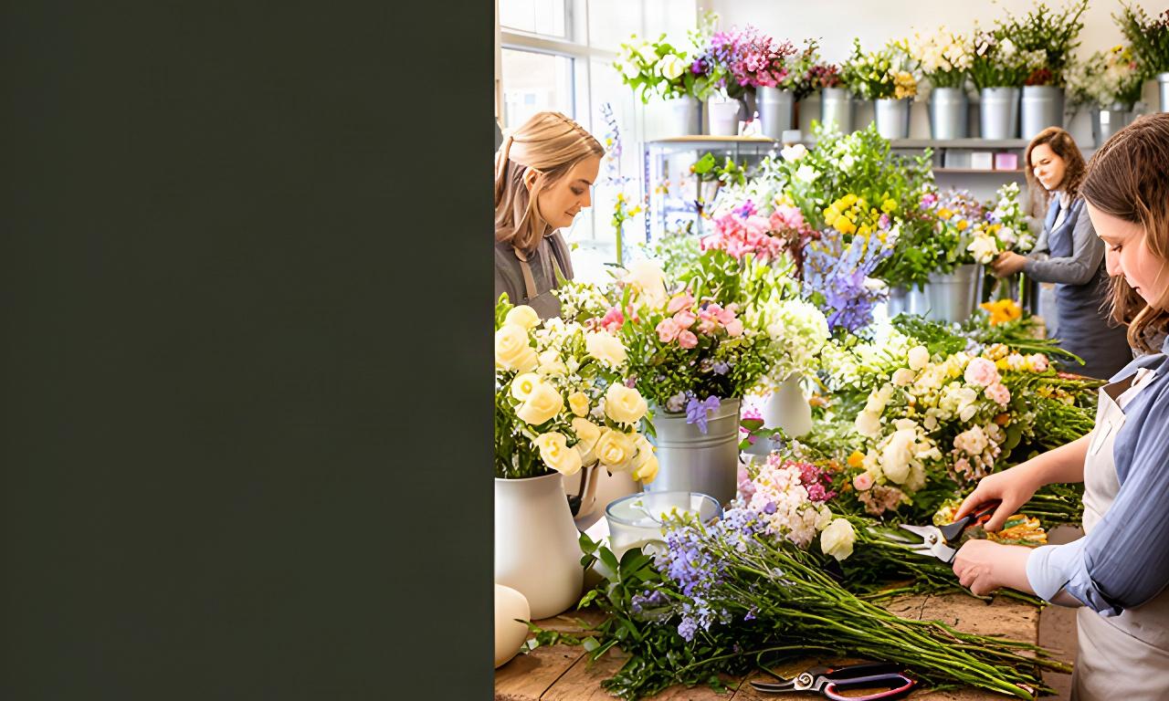 Florists arranging seasonal flowers on a wooden worktable inside a bright Haywards Heath flower shop