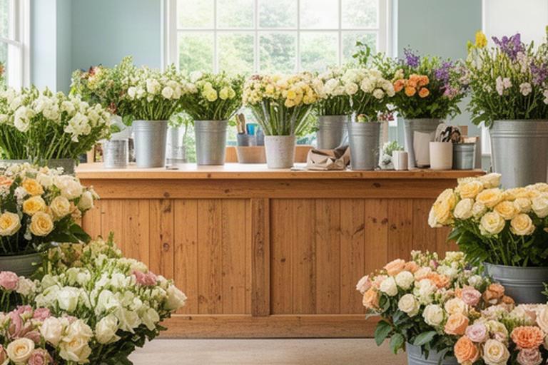 Welcoming florist shop interior in Haywards Heath with buckets of seasonal flowers and a wooden counter