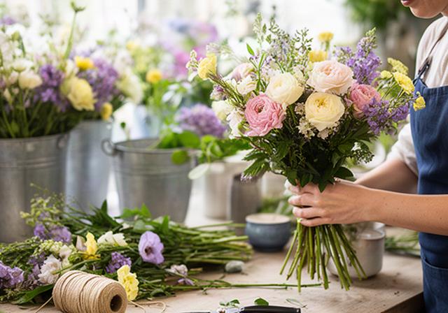 Florist arranging fresh seasonal flowers at a bright Haywards Heath workbench