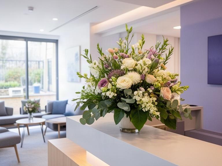 Modern office reception in Haywards Heath with a fresh seasonal flower arrangement on the welcome desk