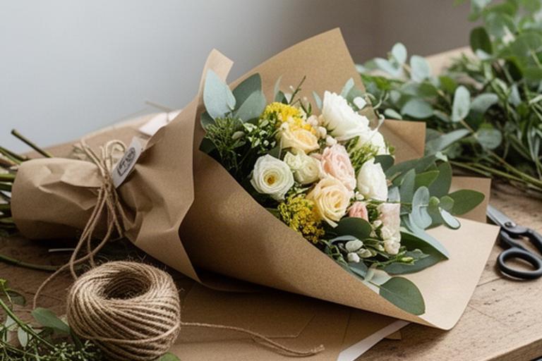 Plastic-free flower wrapping made with paper, twine, and seasonal foliage on a florist counter
