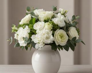 Elegant white and green flower arrangement in a ceramic vase