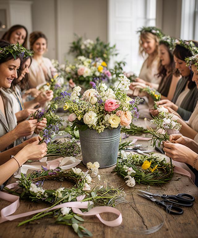 Guests making flower crowns around a workshop table with seasonal stems in West Sussex
