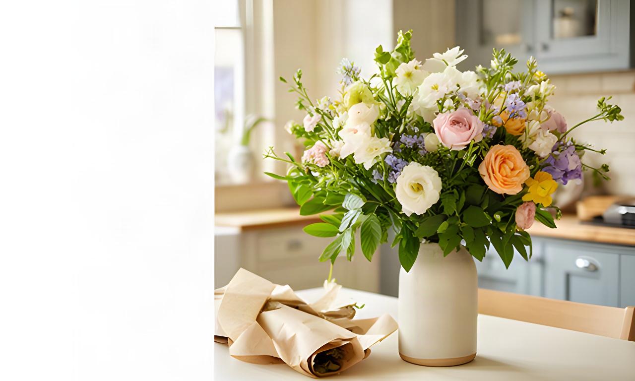 Seasonal flower arrangement on a bright kitchen table in a Mid Sussex home