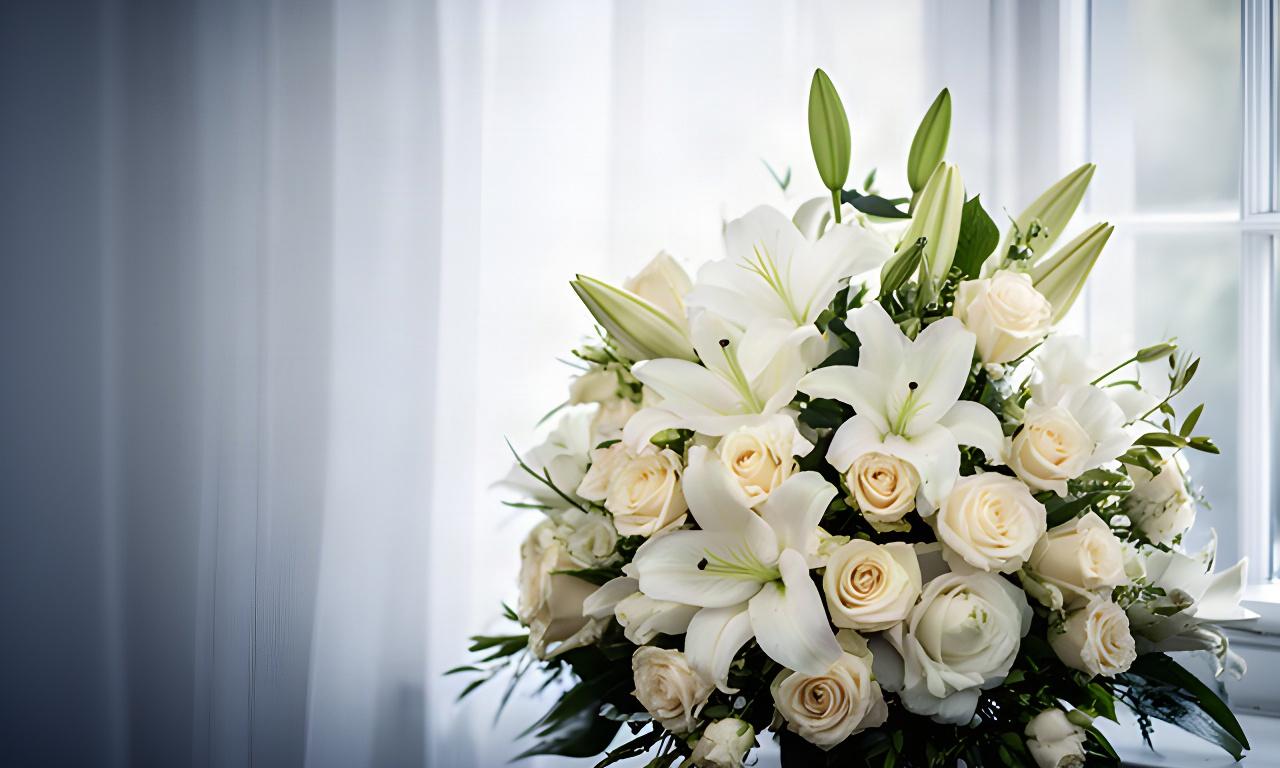 White lilies and pale roses arranged beside a softly lit window for a funeral floral tribute