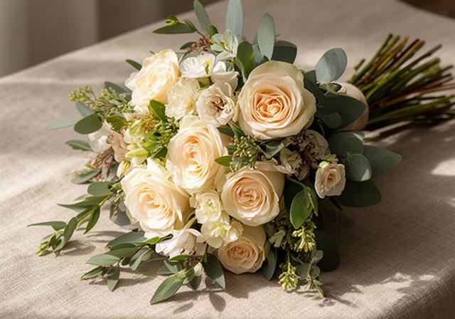 Hand-tied sympathy sheaf of cream roses and seasonal foliage on a linen cloth