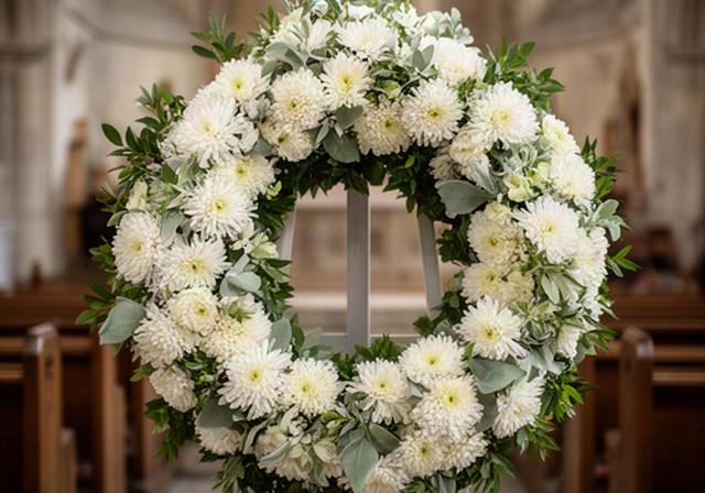 Round funeral wreath of white chrysanthemums and greenery displayed on a church stand