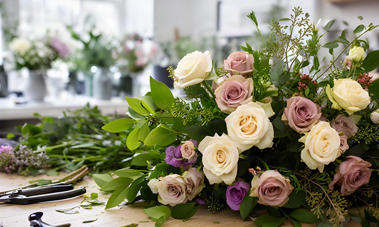 Lush seasonal bouquet of roses and foliage arranged on a worktable in a bright Haywards Heath flower studio