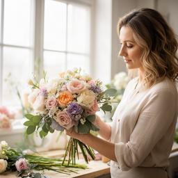 Wedding flower specialist checking a soft pastel bridal bouquet beside a bright studio window