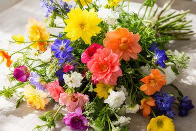 Loose bright seasonal flowers arranged as a just because bouquet