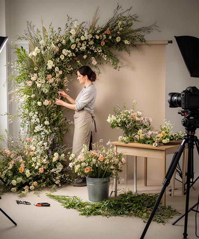 Florist arranging a meadow-style floral backdrop beside a photography set in West Sussex