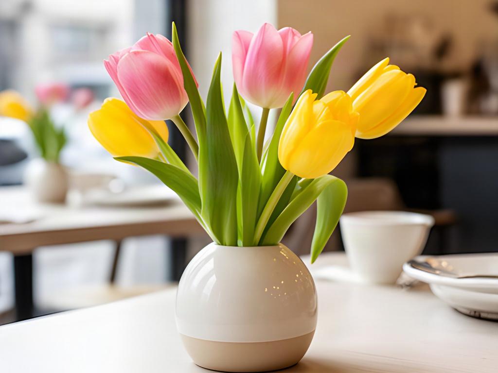 Pink and yellow spring tulips in a small ceramic vase on a cafe table