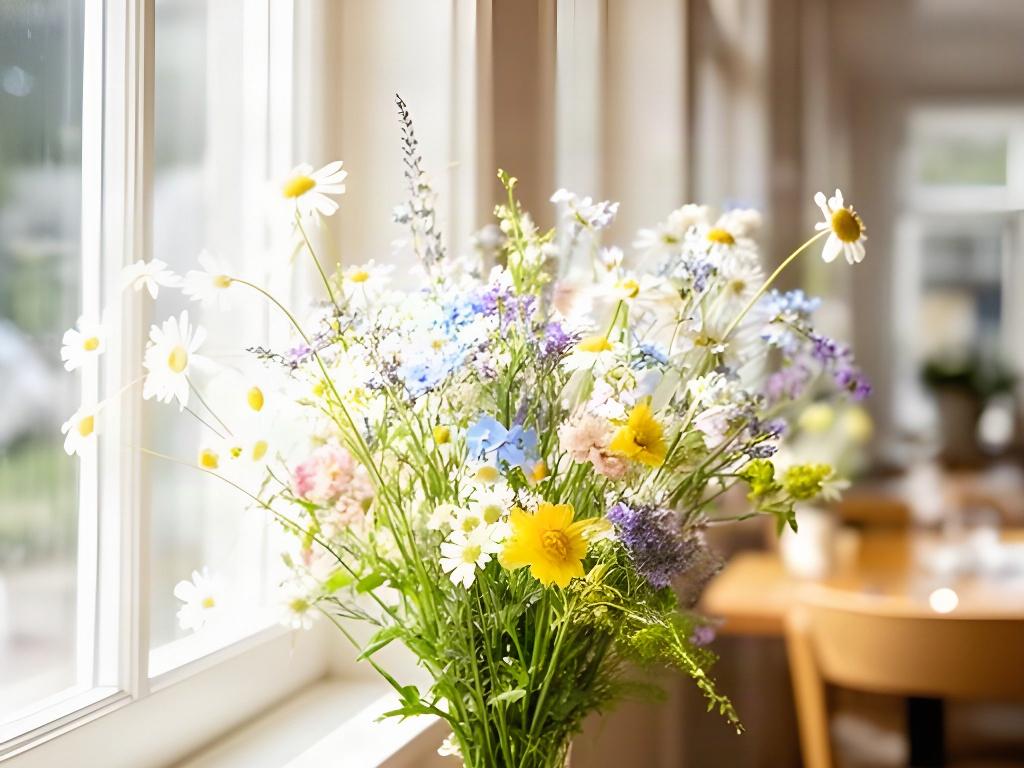 Loose summer wildflower arrangement beside a bright restaurant window