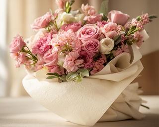Romantic pink flower bouquet wrapped in textured cream paper