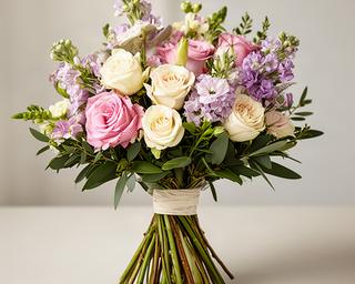 Seasonal hand-tied bouquet of pink, cream and lilac flowers