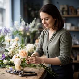 Head florist arranging pale seasonal blooms at a workbench in the shop