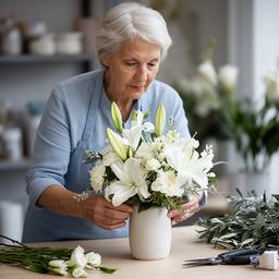 Senior floral designer preparing a restrained white sympathy arrangement