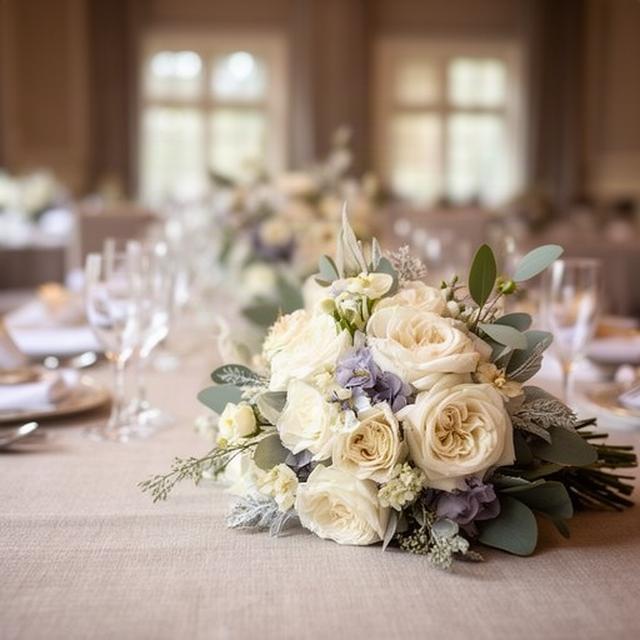 Soft ivory bridal bouquet beside a decorated wedding table in a Haywards Heath venue