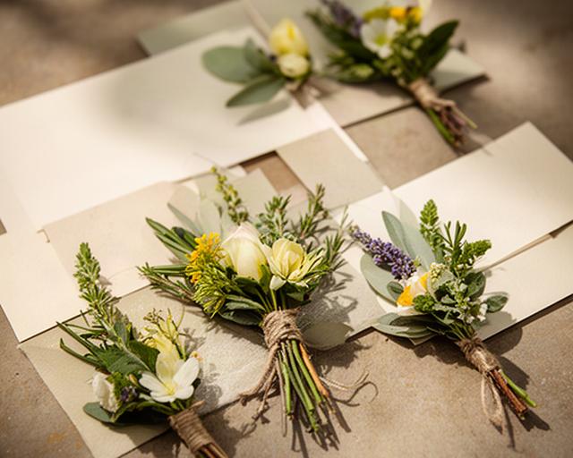 Seasonal flower buttonholes arranged beside garden wedding stationery