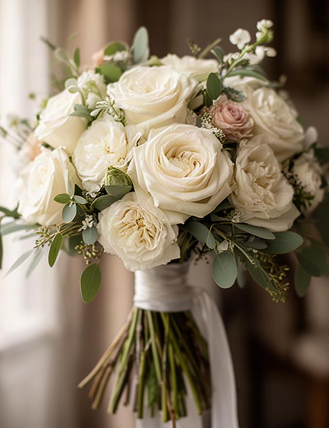 Ivory rose bridal bouquet with airy foliage at a Mid Sussex wedding