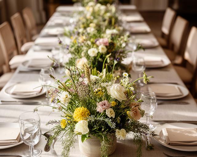 Low seasonal meadow-style centrepiece on a long wedding breakfast table